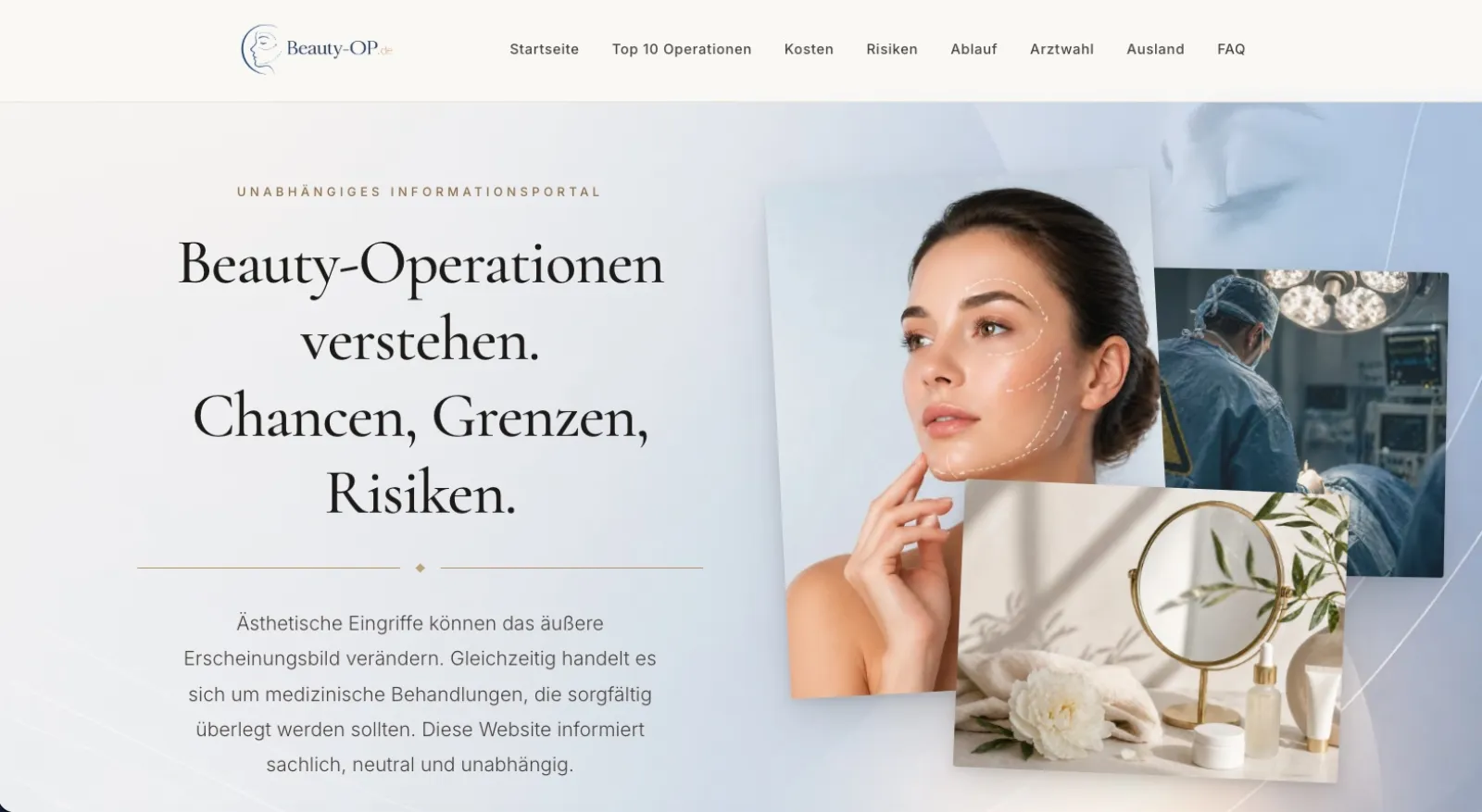 Beauty-OP Informationsportal Website, Desktop-Ansicht