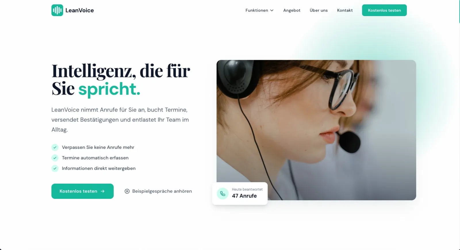 LeanVoice KI-Telefonassistent Website, Desktop-Ansicht