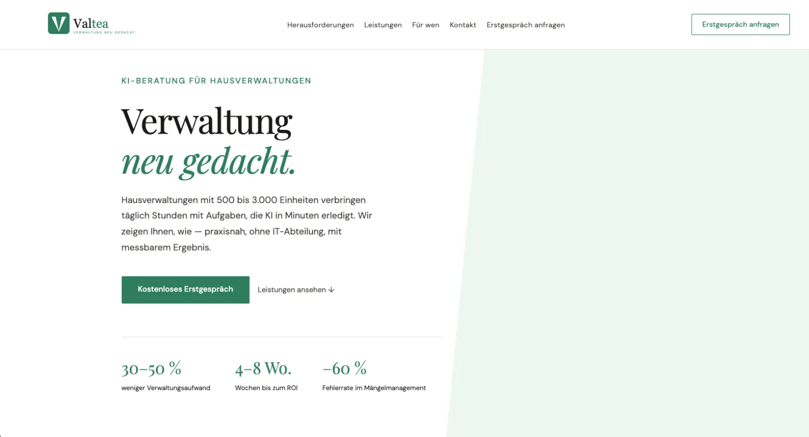 Valtea Website, Desktop-Ansicht